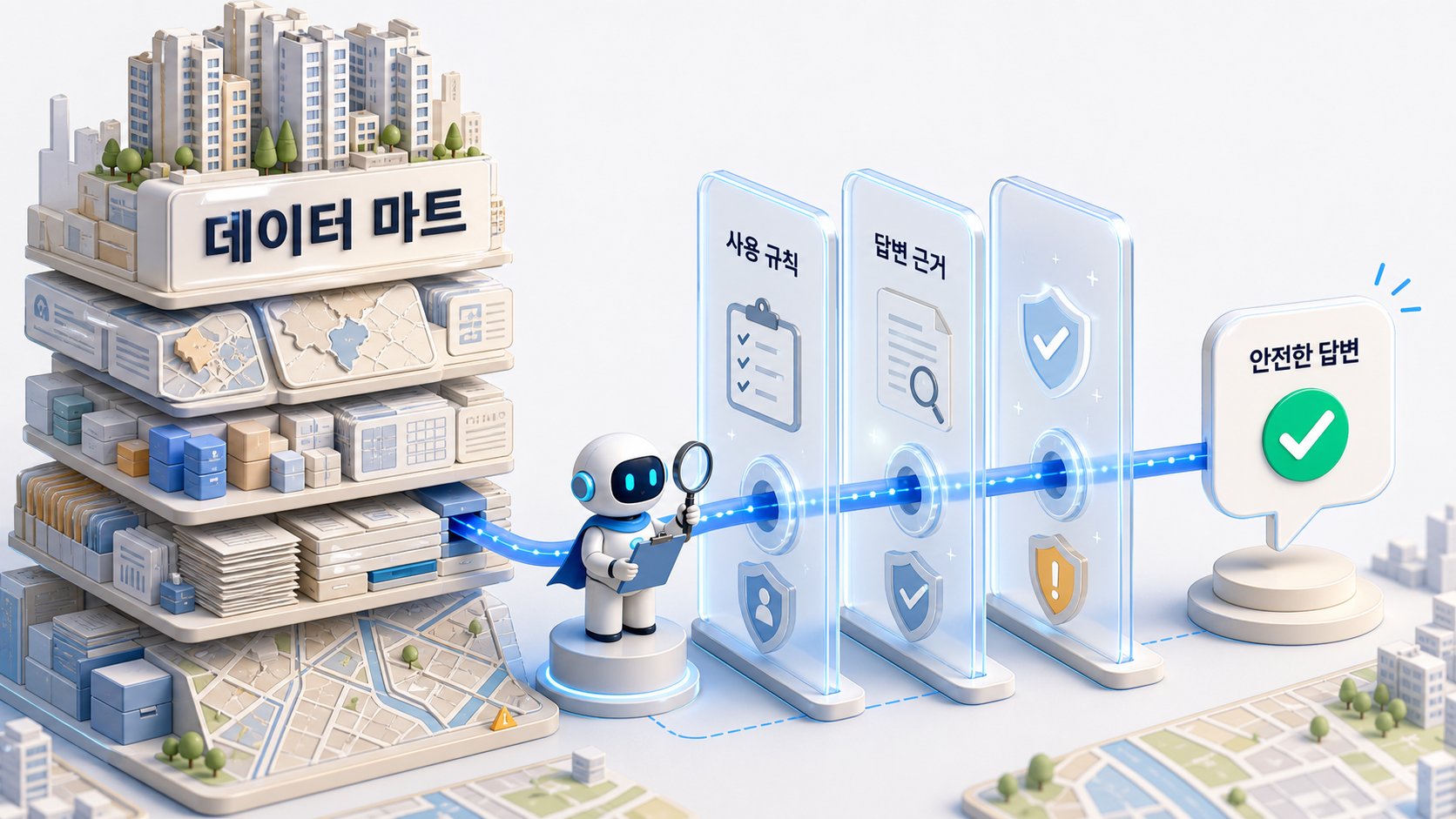 부동산 데이터 마트에서 AI Agent의 안전한 답변으로 이어지기 전 사용 규칙과 답변 근거 검증 게이트를 통과하는 과정을 표현한 일러스트